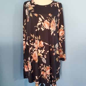 Viamore Black/Pink Floral Long Sleeve Dress With Pockets